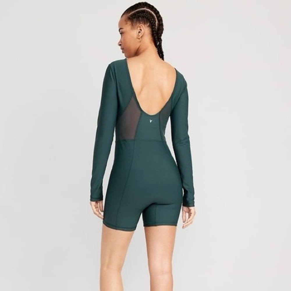 Old Navy Active Powersoft Mesh Panel Lng Sleeve Unitard Romper Pine Green Medium